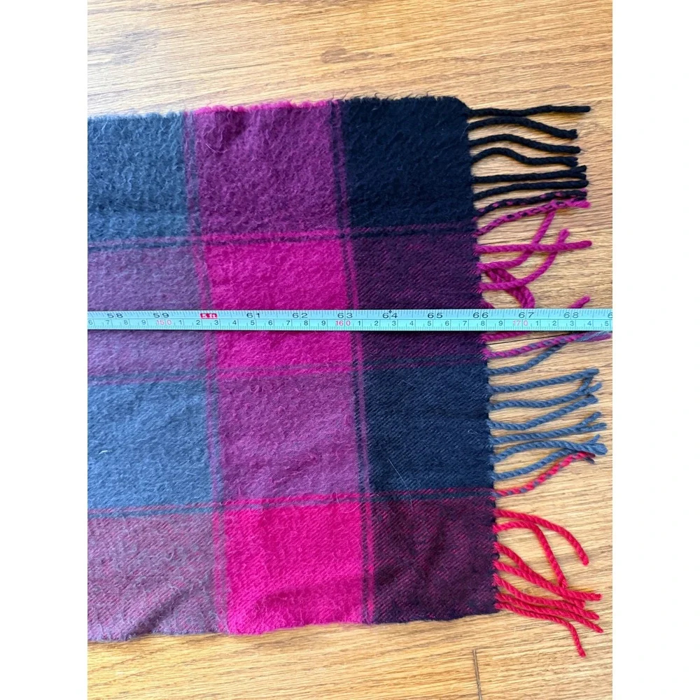 100% Cashmere Plaid Scarf Made in Scotland Red Pink Gray Black‎ Fringe Preppy